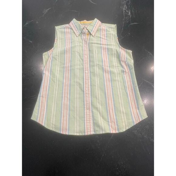 BASS Sleeveless button up Camp Shirt mint green/pink stripe Small 100% Cotton - Picture 7 of 8